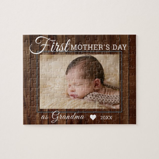 First Mother's Day Grandma Photo Dark Wood Jigsaw Puzzle (Horizontal)