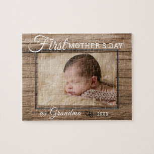 First Mother's Day Grandma Photo Rustic Wood Jigsaw Puzzle