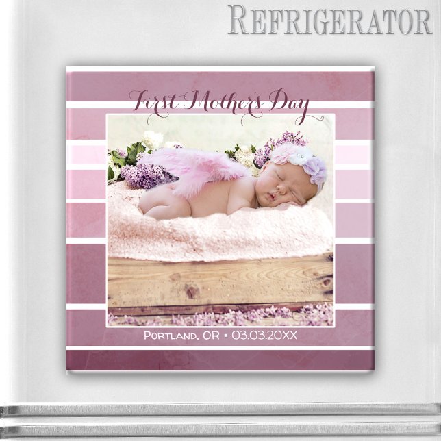 First Mother's Day Lilac Striped Baby Photo Magnet (Photo magnet featuring your own photo framed by a mauve lilac striped design - Mother's Day gift)