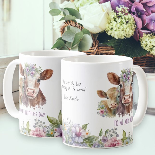 First Mother's Day Me and Moo Cute Cows Coffee Mug (First Mother's Day mug for mom with cute mommy and baby cow and fun pun to Me and Moo)