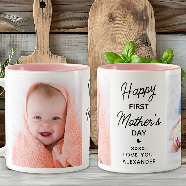 First Mothers Day Personalised 2 Photo Pink Two-Tone Coffee Mug (Creator Uploaded)