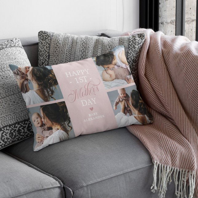 First Mothers Day Photo Collage Pink Lumbar Cushion (Creator Uploaded)