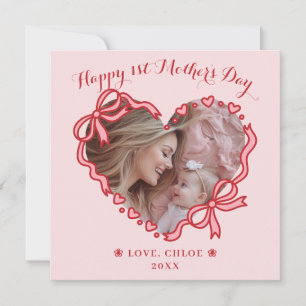 First Mother's Day Photo Heart Frame Red Pink Bow Holiday Card