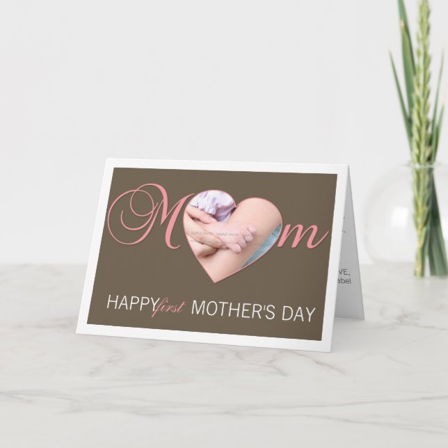 First Mother's Day Photo Heart New Mom Pink Brown Card (Front)