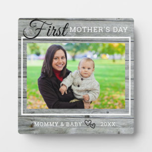 First Mother's Day Photo Rustic Grey Wood Plaque