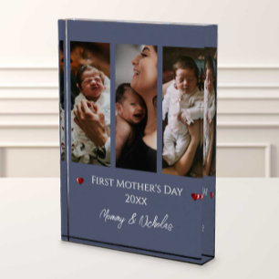 First Mother's Day Three Photo Collage Blue Block