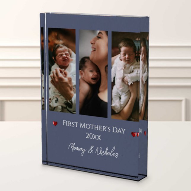 First Mother's Day Three Photo Collage Blue Block (Blue First Mother's Day Three Photo Collage Photo Block)