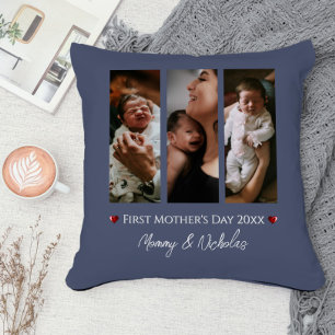 First Mother's Day Three Photo Collage Blue Cushion