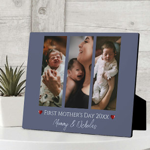 First Mother's Day Three Photo Collage Blue Plaque