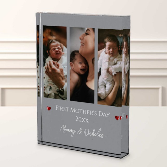 First Mothers Day Three Photo Collage | Grey Block (Gray First Mother's Day Three Photo Collage Photo Block)