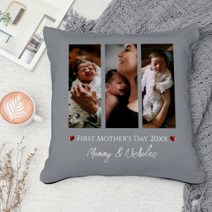 First Mother's Day Three Photo Collage   Grey Cushion