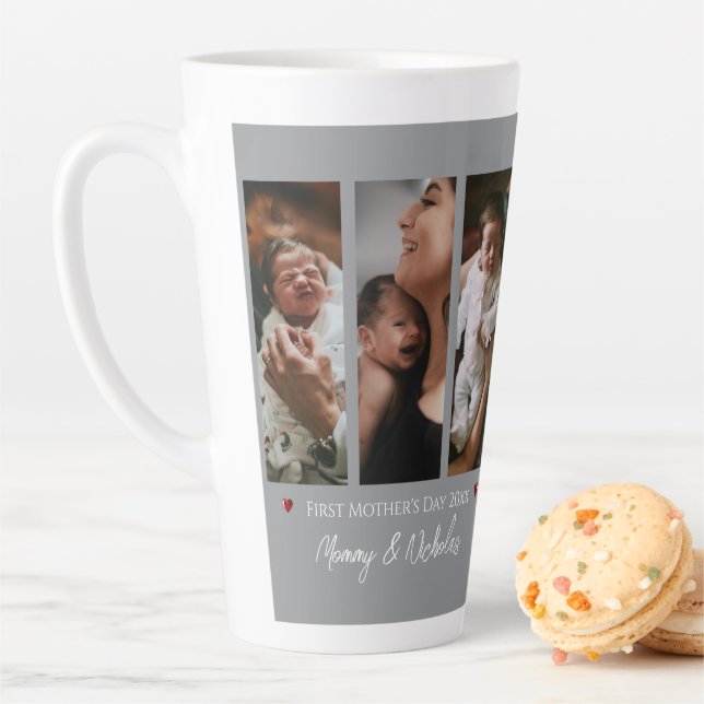 First Mother's Day Three Photo Collage | Grey Latte Mug (In Situ)