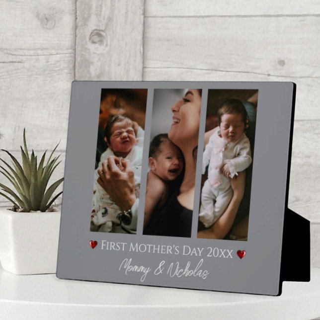 First Mother's Day Three Photo Collage | Grey Plaque (Gray First Mother's Day Three Photo Collage Plaque)