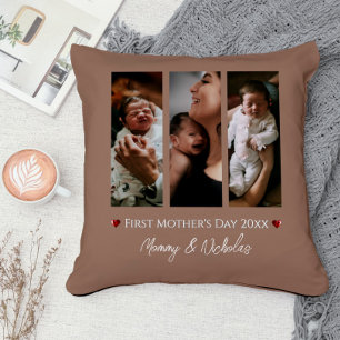 First Mother's Day Three Photo Collage Mocha Brown Cushion