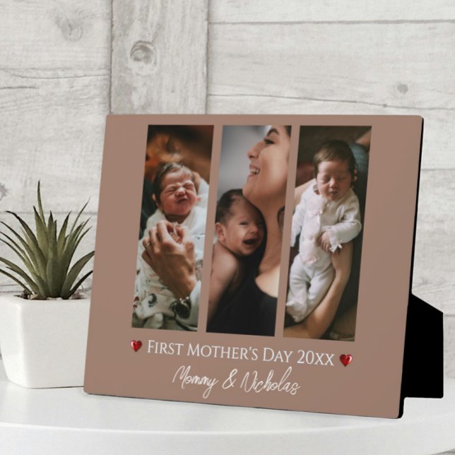 First Mother's Day Three Photo Collage Mocha Brown Plaque (Mocha Brown First Mother's Day Three Photo Collage Plaque)