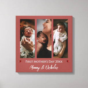 First Mother's Day Three Photo Collage Terracotta Canvas Print
