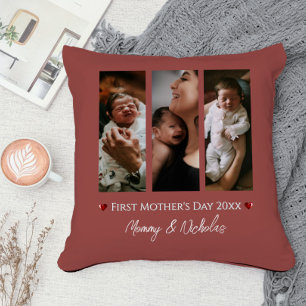 First Mother's Day Three Photo Collage Terracotta Cushion
