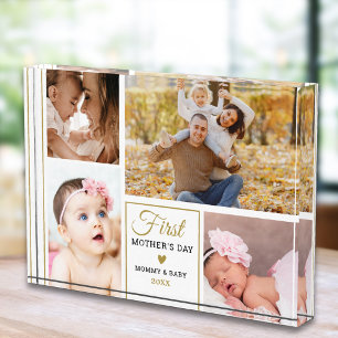 First Mother's Day White And Gold 4 photo Collage  Block