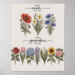 First Mum to Grandma Rose and Blue Birth Flower Po Poster