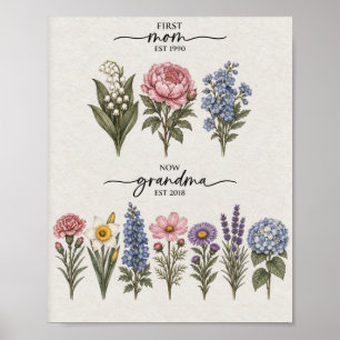 First Mum To Grandma Yellow And Purple Birth Flowe Poster