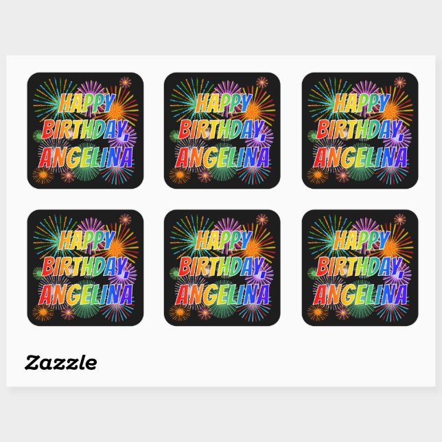 First Name "ANGELINA", Fun "HAPPY BIRTHDAY" Square Sticker (Sheet)
