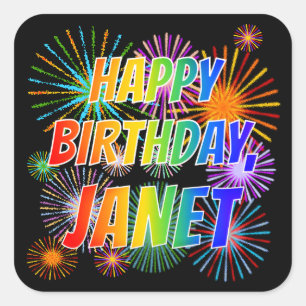First Name "JANET", Fun "HAPPY BIRTHDAY" Square Sticker