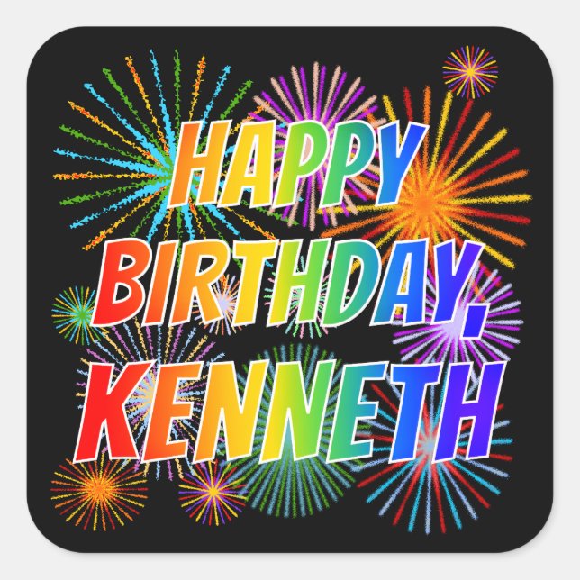 First Name "KENNETH", Fun "HAPPY BIRTHDAY" Square Sticker (Front)