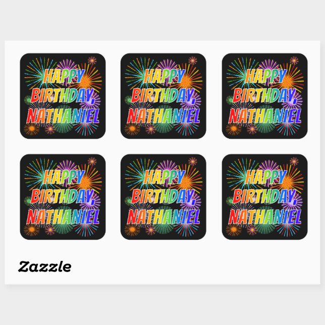 First Name "NATHANIEL", Fun "HAPPY BIRTHDAY" Square Sticker (Sheet)