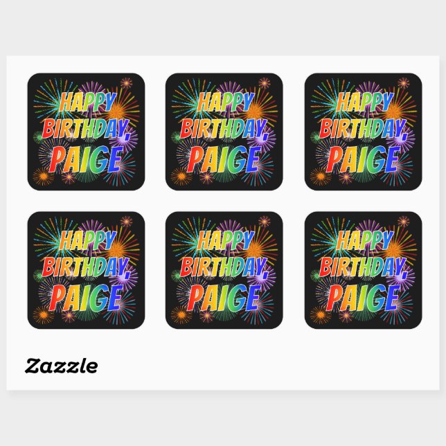 First Name "PAIGE", Fun "HAPPY BIRTHDAY" Square Sticker (Sheet)
