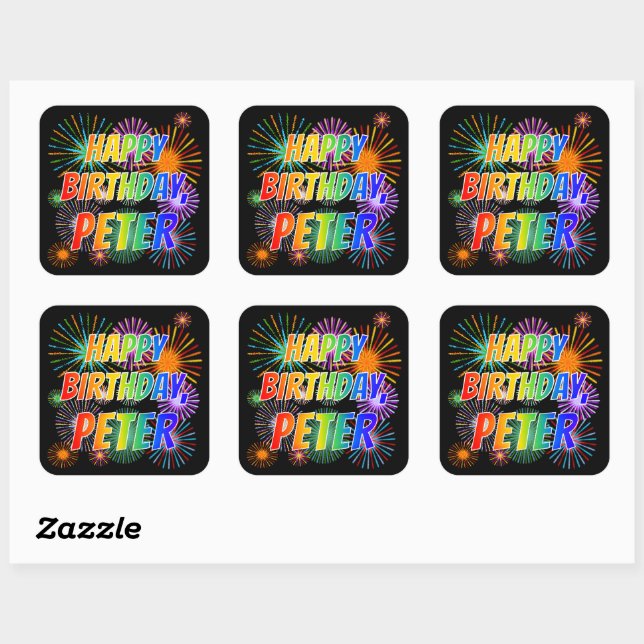 First Name "PETER", Fun "HAPPY BIRTHDAY" Square Sticker (Sheet)