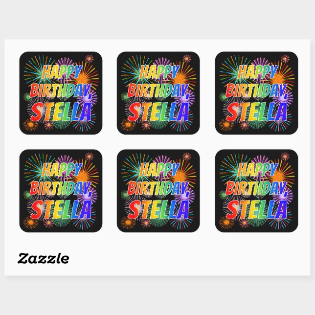 First Name "STELLA", Fun "HAPPY BIRTHDAY" Square Sticker (Sheet)