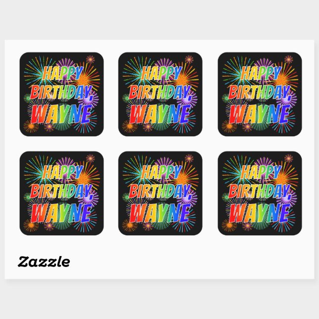 First Name "WAYNE", Fun "HAPPY BIRTHDAY" Square Sticker (Sheet)