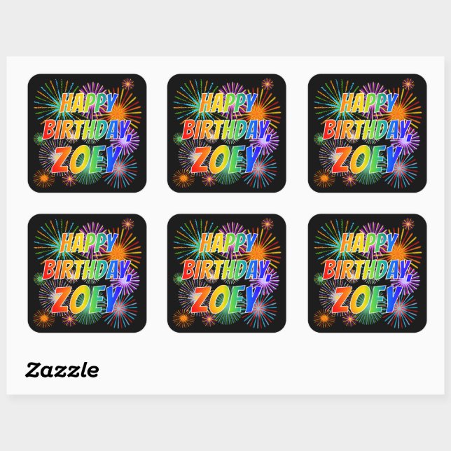First Name "ZOEY", Fun "HAPPY BIRTHDAY" Square Sticker (Sheet)