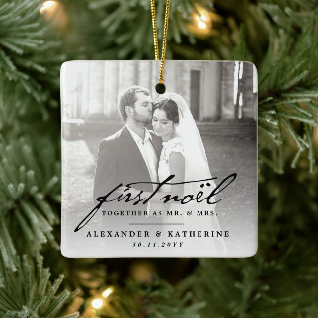 First Noel Old Handwriting Holiday Wedding Photo Ceramic Ornament (Tree)
