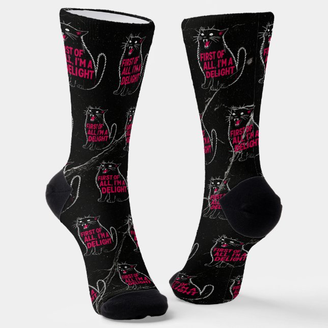 First Of All I'm A Delight Roaring Black Cat Socks (Angled)