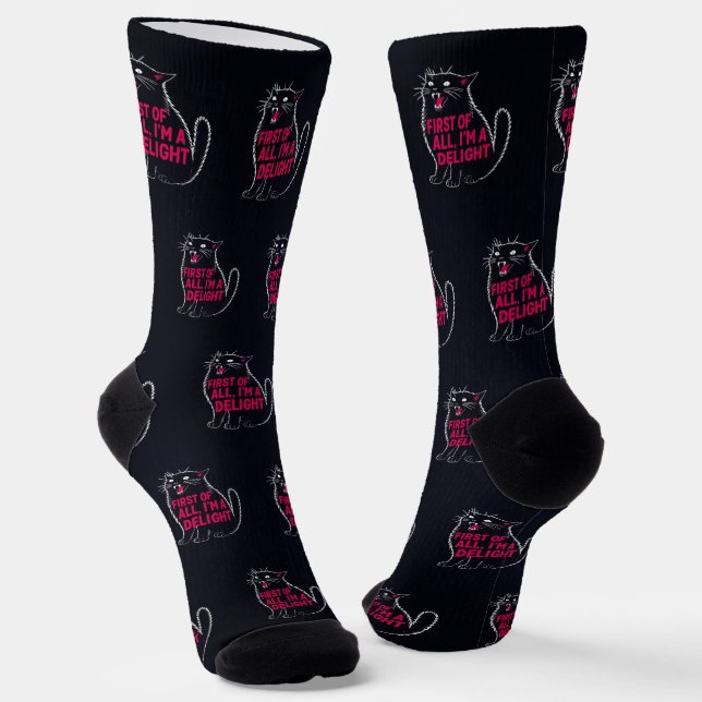 First Of All I'm A Delight Roaring Black Cat Socks (Angled)
