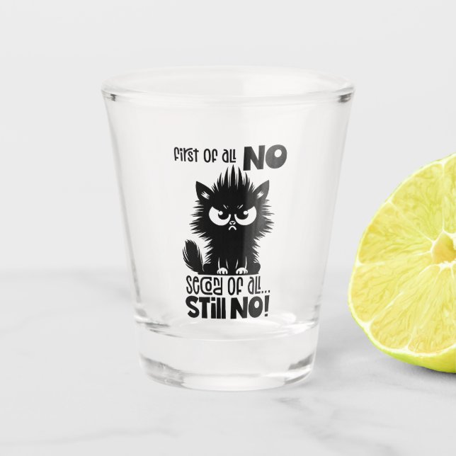 First Of All, No Funny Cat Lover Gift  Shot Glass (Front)