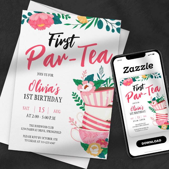First Par-Tea! Pink Floral Tea Party Birthday Invitation (Creator Uploaded)