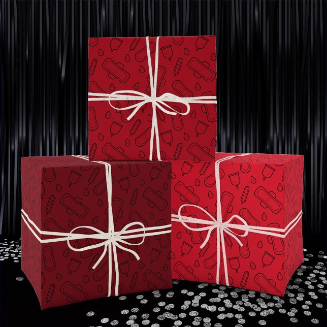 First Period Party Red Tampon Pad Pattern Wrapping Paper Sheet (Mockup of three presents in black party room. Photo by Freepik)