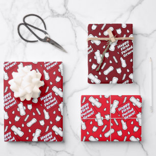 First Period Party Red White Pad Pattern Text Wrapping Paper Sheet