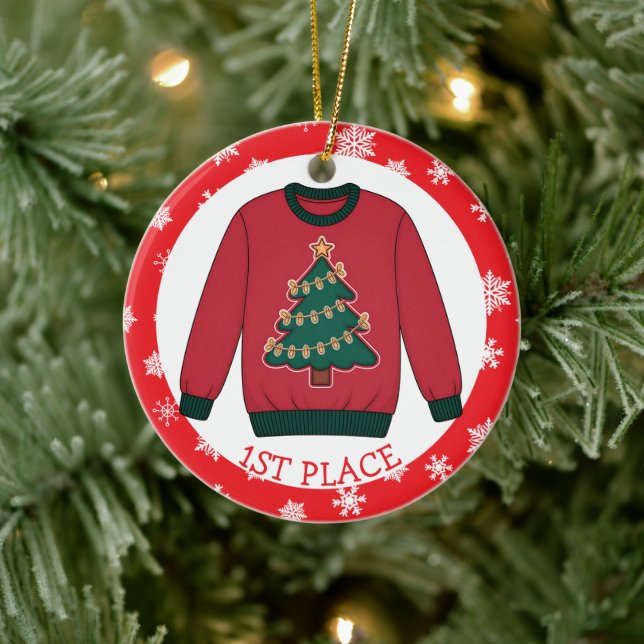 First Place Ugly Sweater Winner Christmas Ceramic Ornament (Tree)