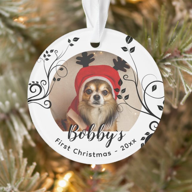 First Puppy Christmas Black Foliage Dog Name Photo Ornament (Tree)