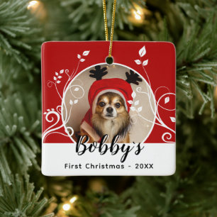 First Puppy Christmas Foliage Dog Name Photo Red  Ceramic Ornament