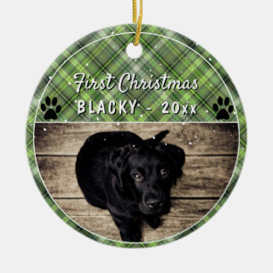 First Puppy Christmas Paw Green Plaid Dog Photo Ceramic Ornament