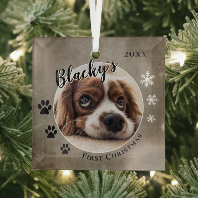 First Puppy Christmas Rustic Dog Name Photo  Glass Tree Decoration (Insitu)