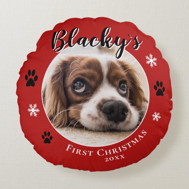 First Puppy Christmas Rustic Dog Name Photo Red  Round Cushion (Front)