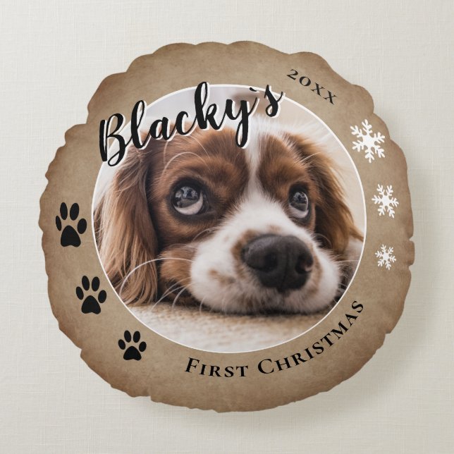 First Puppy Christmas Rustic Dog Name Photo Round Cushion (Front)