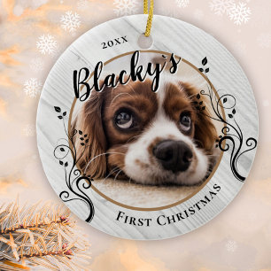 First Puppy Christmas Wood Foliage Dog Name Photo  Ceramic Ornament