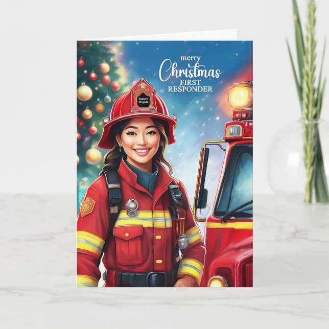 First Responder Asian Female Firefighter Christmas Holiday Card (Front)