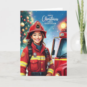 First Responder Asian Female Firefighter Christmas Holiday Card